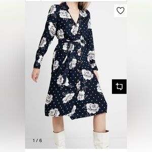 Kaffe Floral Button-Down Navy Wrap Dress V Neck Long Sleeve Button Cuffs Sz 34EU